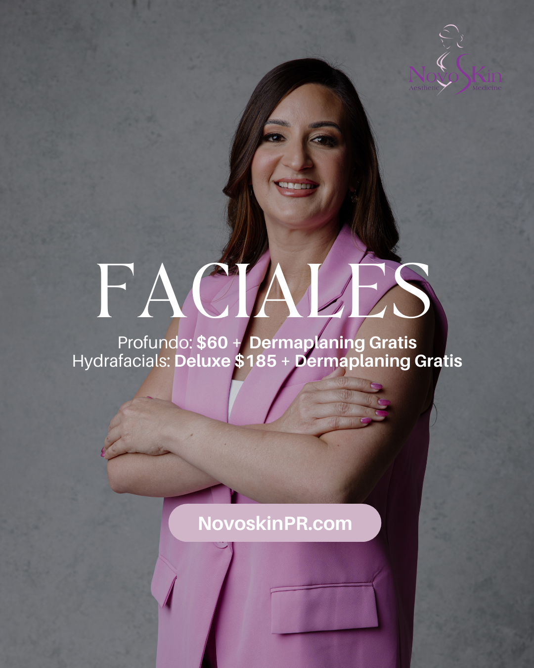 Woman in a pink suit with text about facial treatments on a gray background