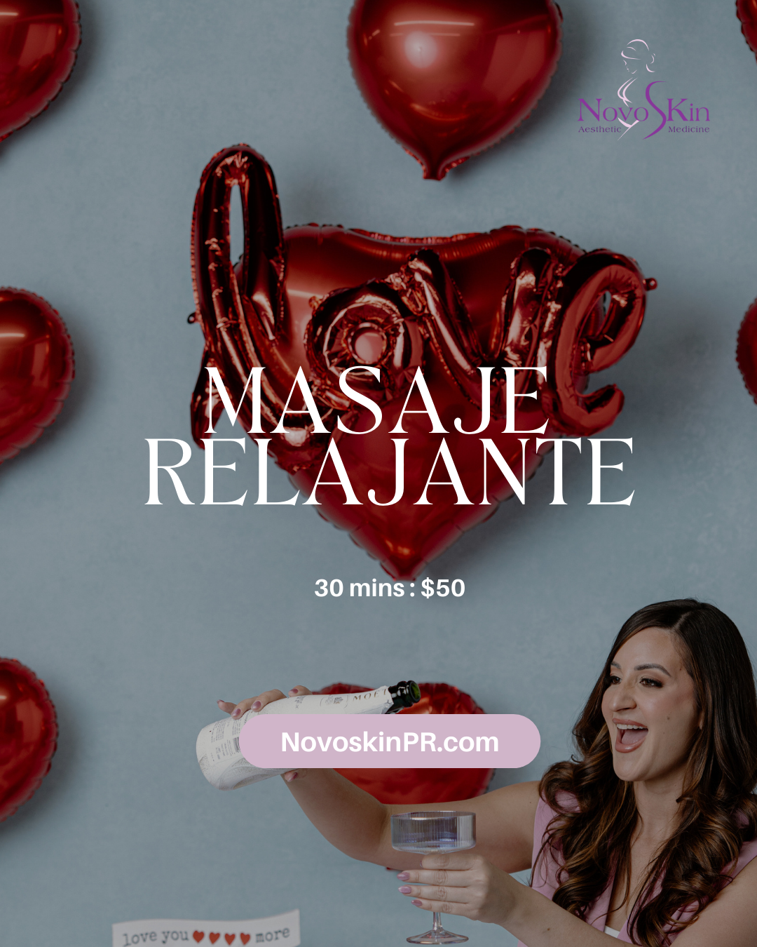 Advertisement for massage service with heart-shaped balloons and a woman holding a glass.