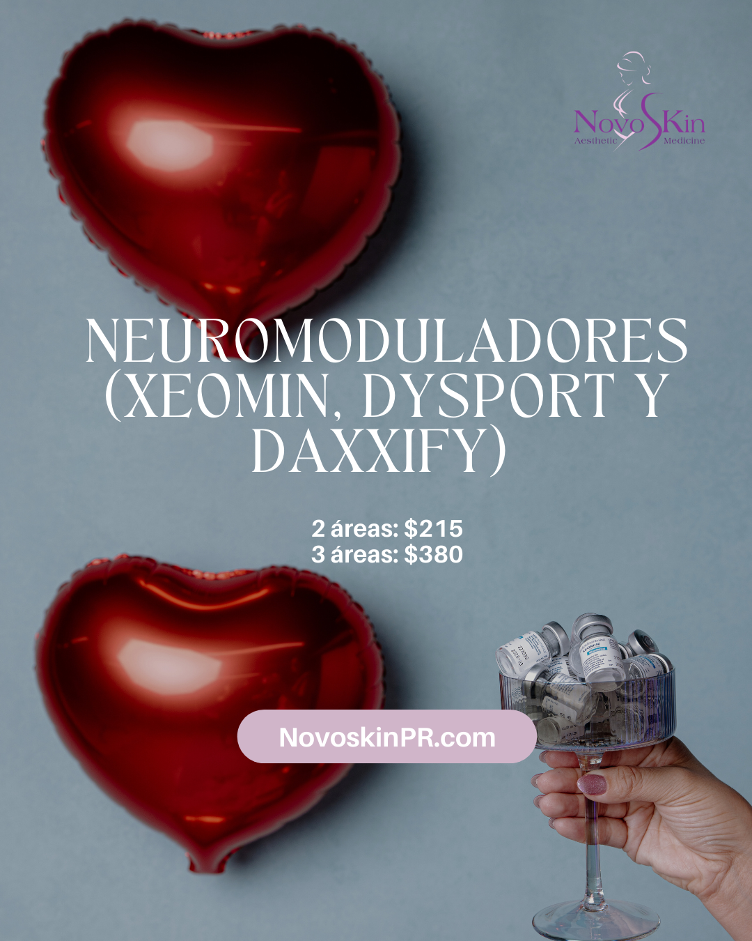 Advertisement for neuromodulators with red heart-shaped objects and a glass of syringes on a gray background.