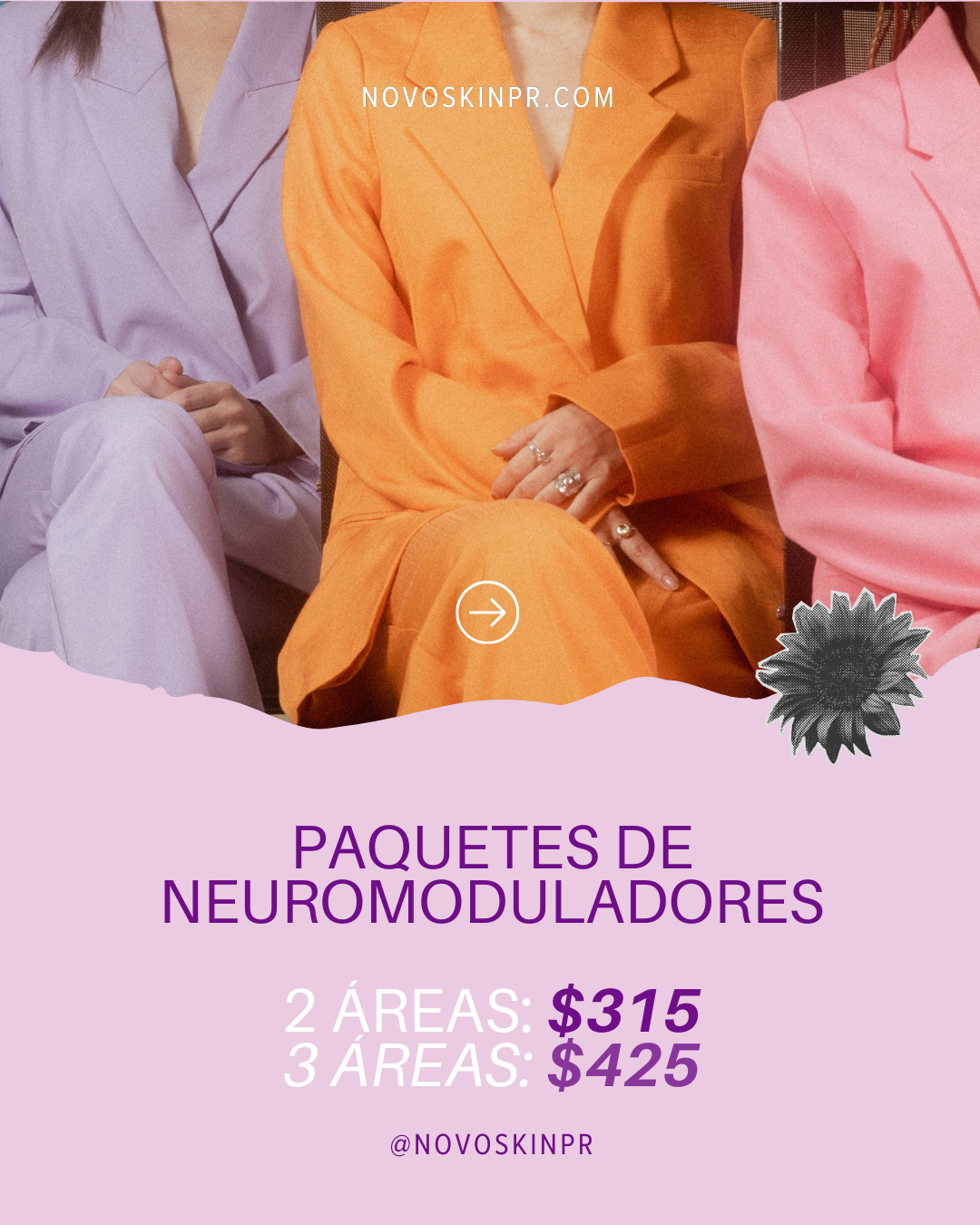 Three people in colorful suits sitting together with promotional text about neuromodulator packages on a pink background.